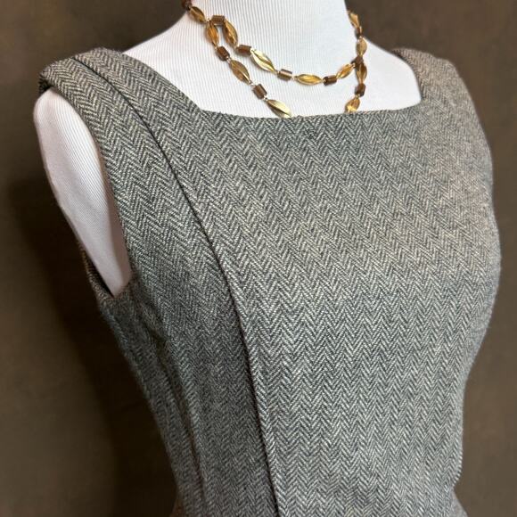 RARE 1950s Union-Made Wool Fit-and-Flare Dress | Tailored Herringbone Tweed - Picture 2 of 16